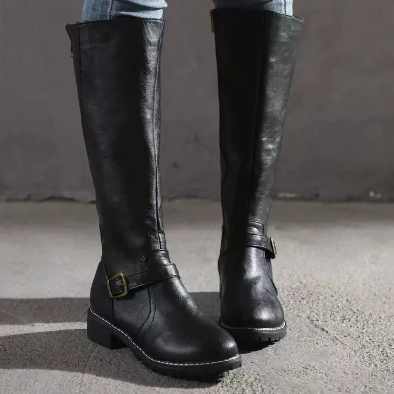 New Winter Women's Riding Boots 2024 Round Toe Chunky Heel Over-the-Knee High Boots Women's Buckle Platform Shoes Botas Mujer