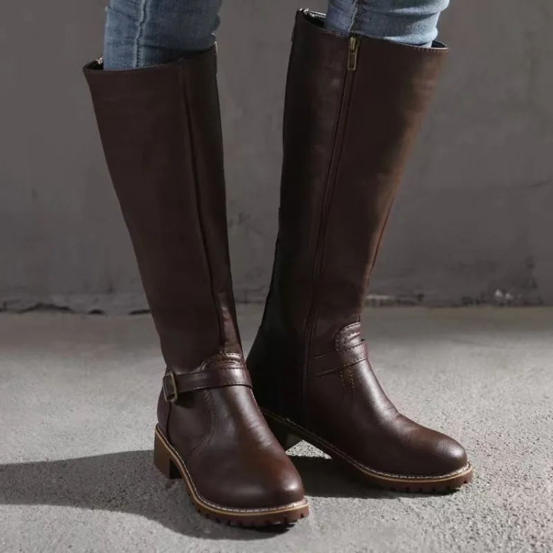 New Winter Women's Riding Boots 2024 Round Toe Chunky Heel Over-the-Knee High Boots Women's Buckle Platform Shoes Botas Mujer