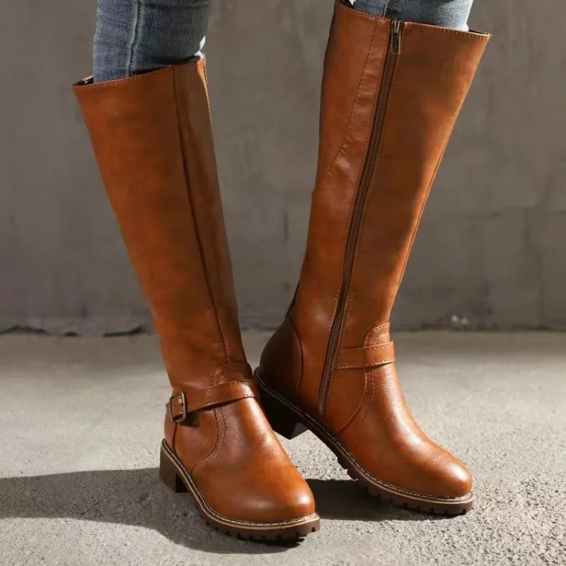 New Winter Women's Riding Boots 2024 Round Toe Chunky Heel Over-the-Knee High Boots Women's Buckle Platform Shoes Botas Mujer