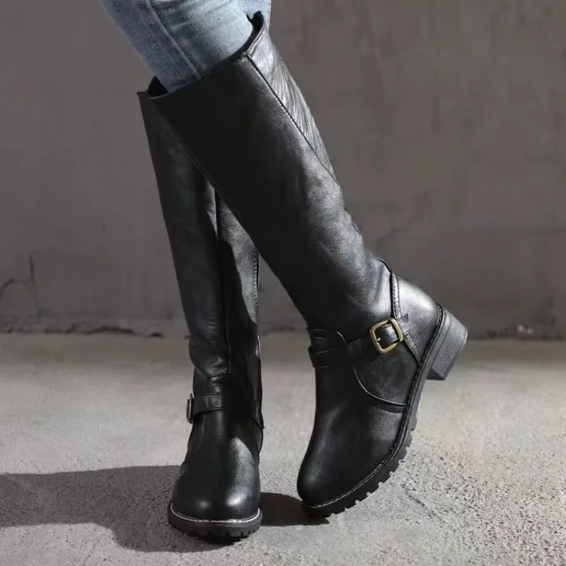 New Winter Women's Riding Boots 2024 Round Toe Chunky Heel Over-the-Knee High Boots Women's Buckle Platform Shoes Botas Mujer