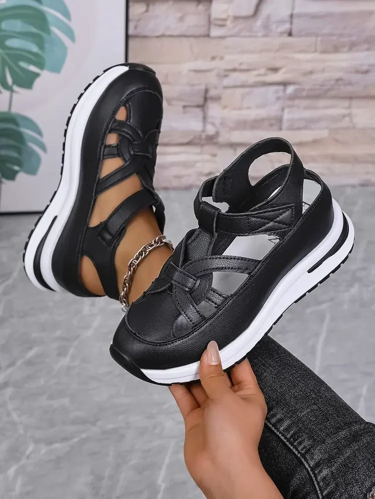 Casual Hollow out Flat Sandals Women's Summer New Style Thin Platform Thick Bottom Heightening Shoes Rubber Sole Ladies Sandals