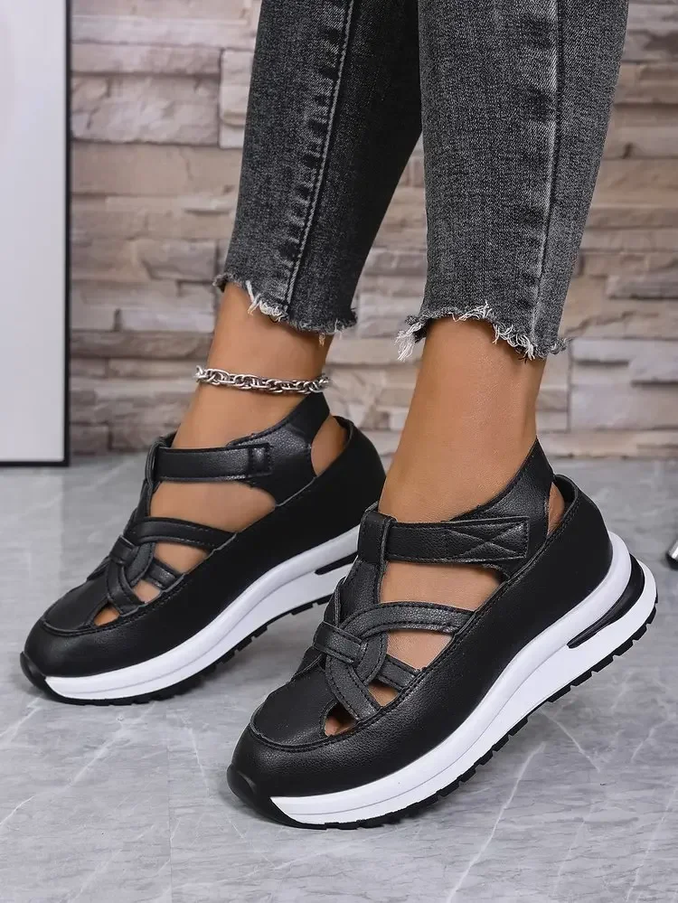 Casual Hollow out Flat Sandals Women's Summer New Style Thin Platform Thick Bottom Heightening Shoes Rubber Sole Ladies Sandals
