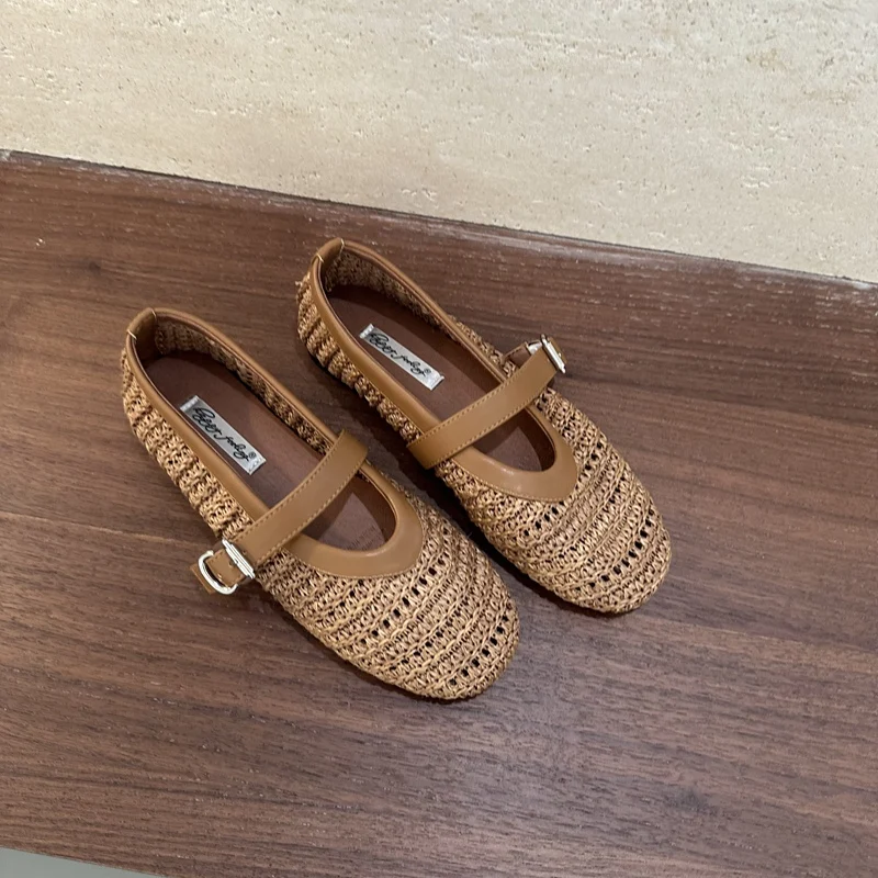 2026 Summer Breathable Hollow out Weave Women Ballet Flats Fashion Mary Janes Soft Soles Walking Loafers Casual Girls Shoes