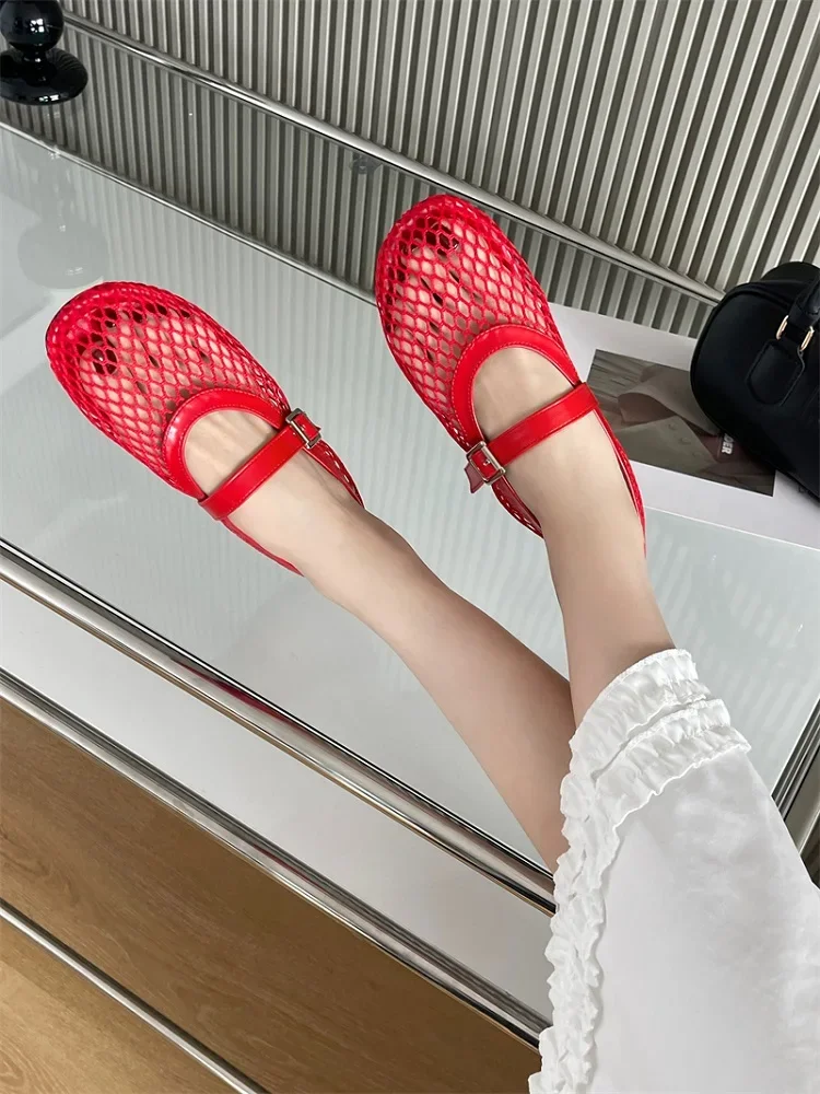Aneikeh Round Toe Flat Shoes Women Non Slip Flat Sandals Sizes 35-43 Breathable Mesh Beach Outdoor Shallow Comfortable Shoes