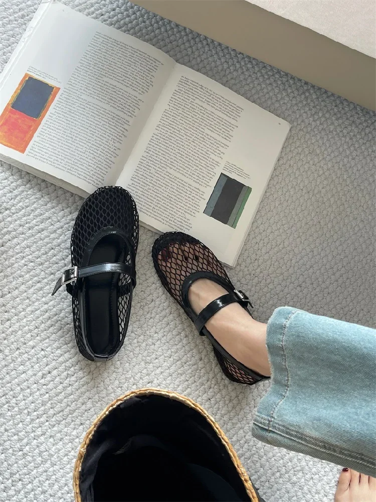 Aneikeh Round Toe Flat Shoes Women Non Slip Flat Sandals Sizes 35-43 Breathable Mesh Beach Outdoor Shallow Comfortable Shoes