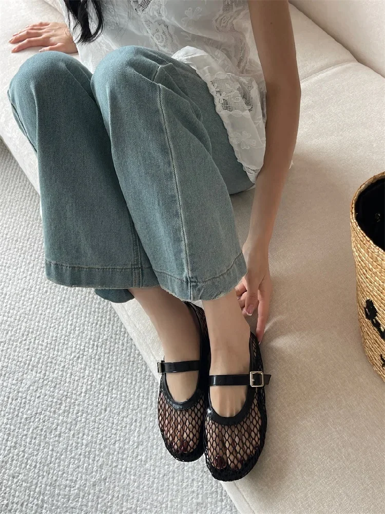 Aneikeh Round Toe Flat Shoes Women Non Slip Flat Sandals Sizes 35-43 Breathable Mesh Beach Outdoor Shallow Comfortable Shoes