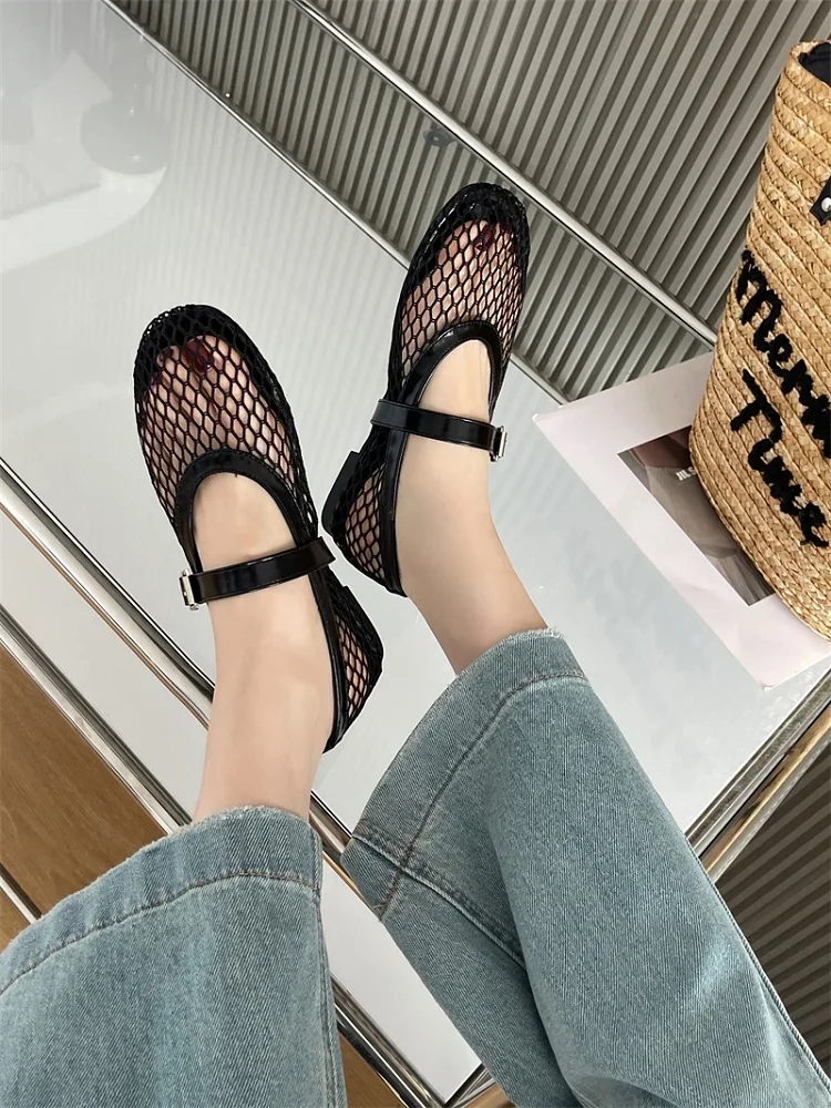 Aneikeh Round Toe Flat Shoes Women Non Slip Flat Sandals Sizes 35-43 Breathable Mesh Beach Outdoor Shallow Comfortable Shoes