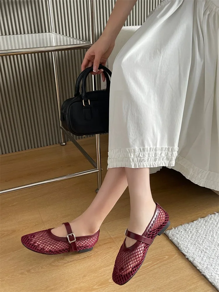 Aneikeh Round Toe Flat Shoes Women Non Slip Flat Sandals Sizes 35-43 Breathable Mesh Beach Outdoor Shallow Comfortable Shoes
