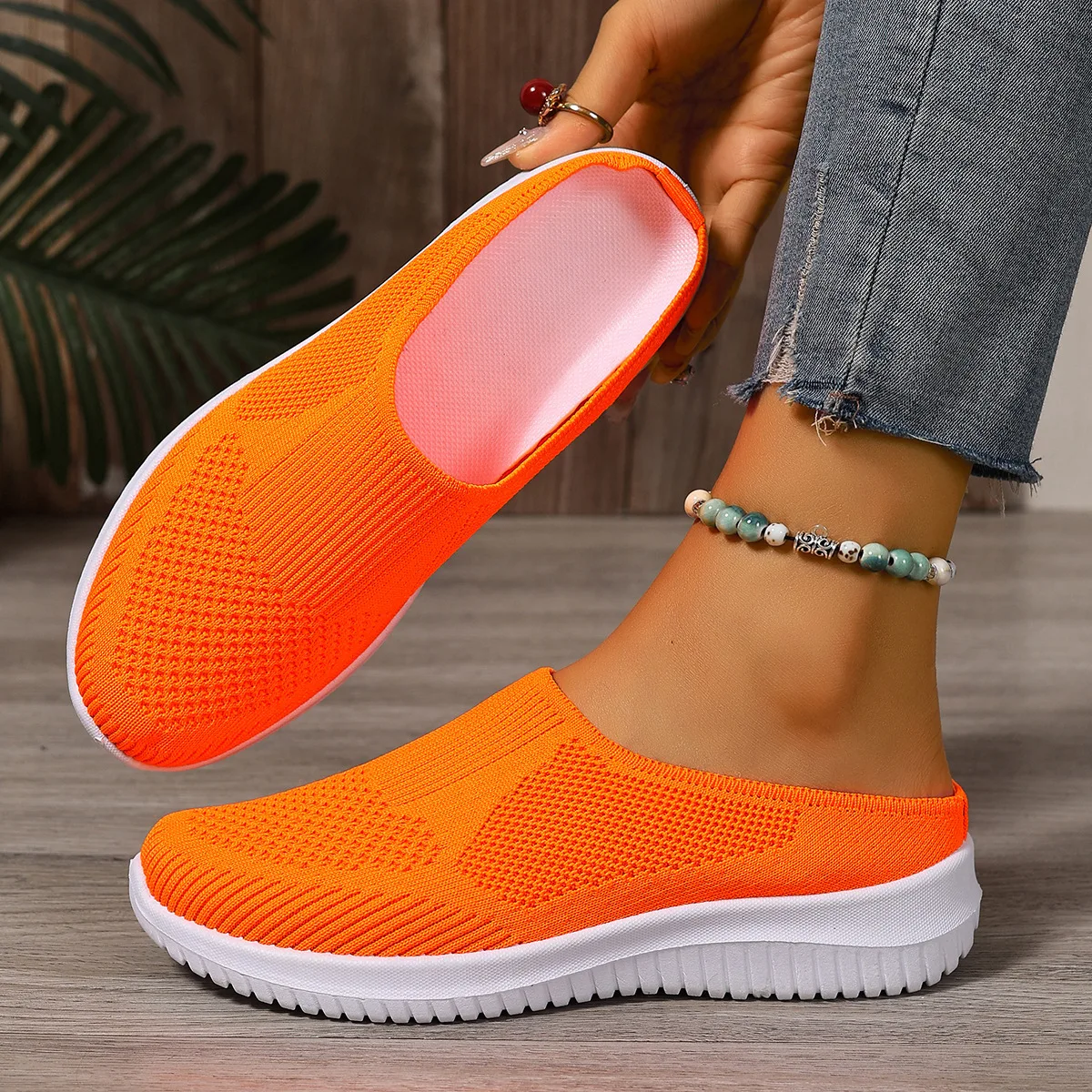 Polyester Backless Slip On Mom Mules Women Breathable Non Slip Soft EVA Insole Low Heel Daily Walking Casual Shoes