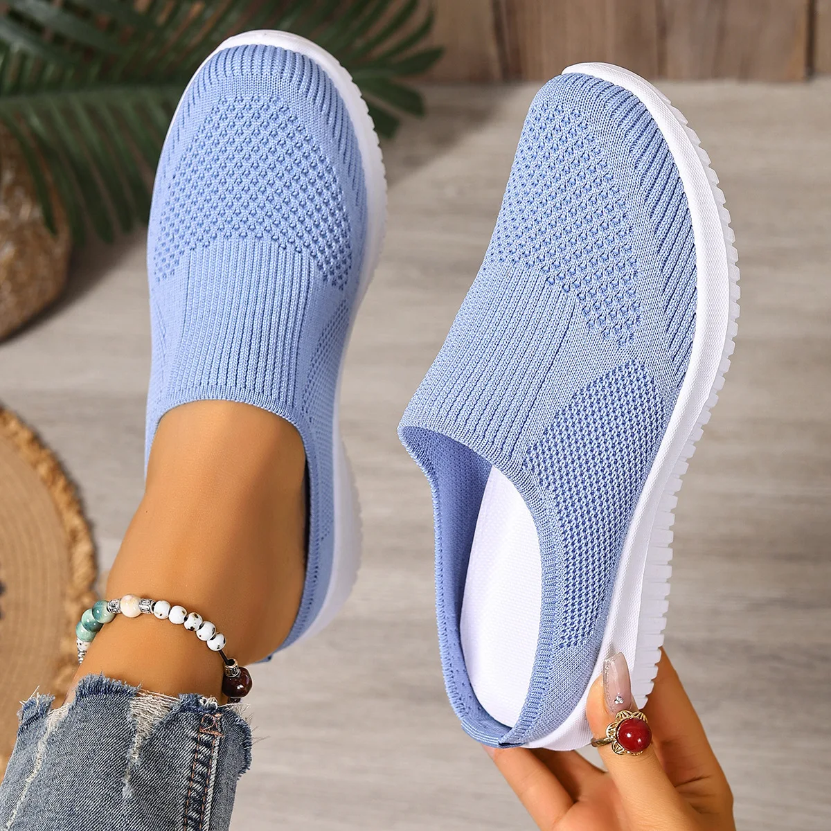 Polyester Backless Slip On Mom Mules Women Breathable Non Slip Soft EVA Insole Low Heel Daily Walking Casual Shoes