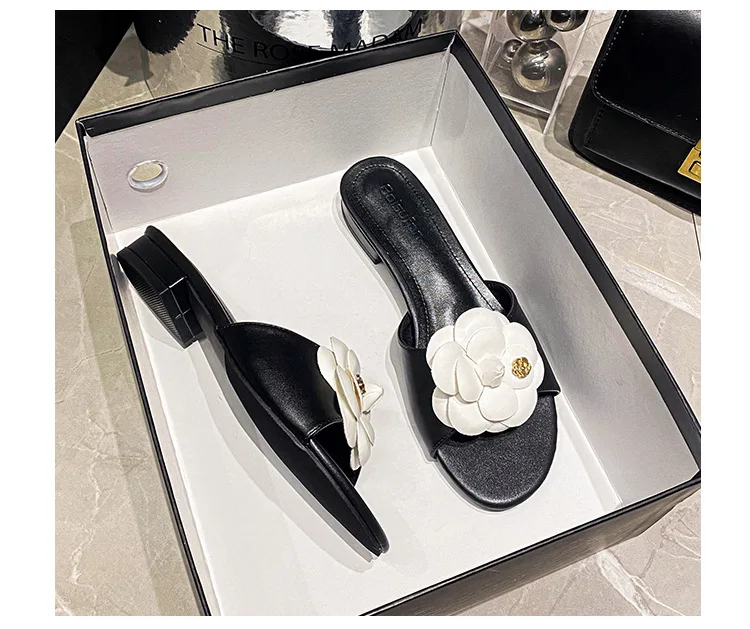 High End Luxury Flower Slippers Women Camellia Shoes Open Toe Slides Femme Outside&Home Pantuflas Sandals Ladies Flip Flops