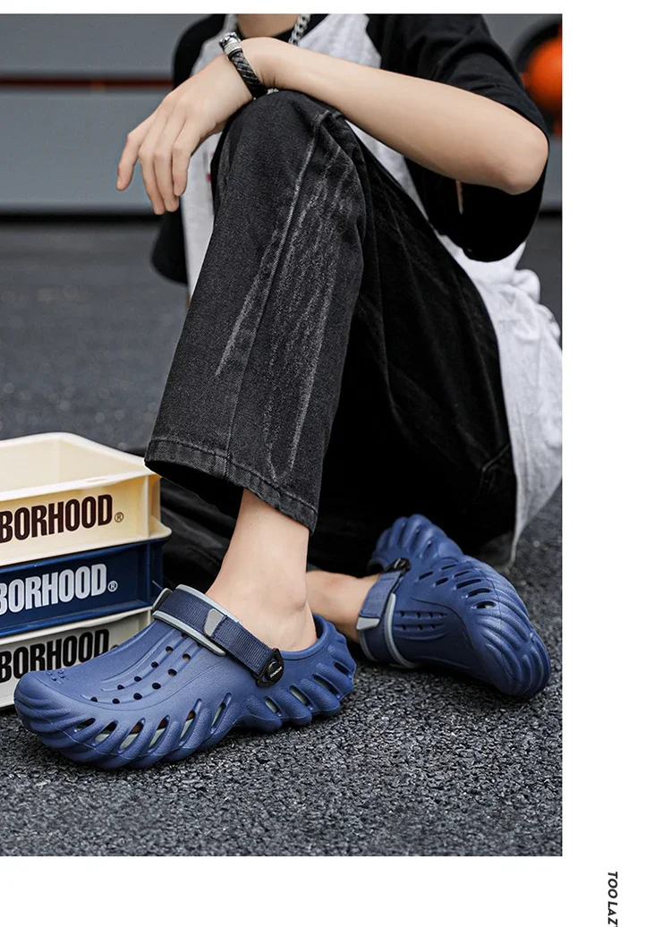 Brand Men's Slip-on Shoes - Soft and Comfortable Holey Shoes Outdoor Waterproof Heightening Cool Shoes EVA Driving Shoe