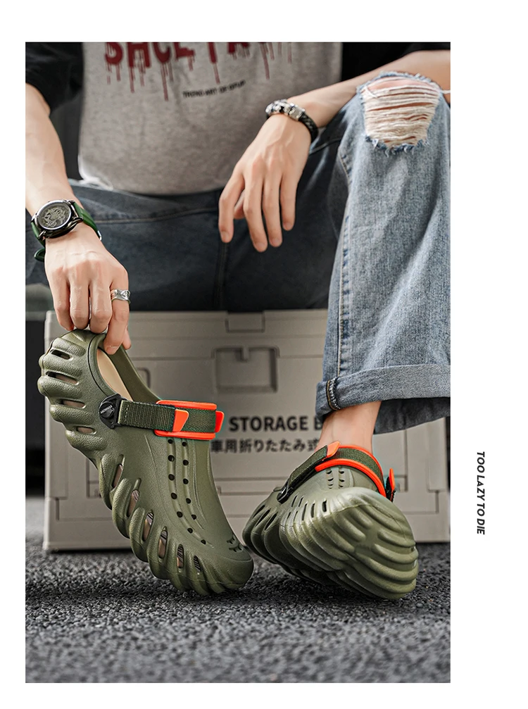 Brand Men's Slip-on Shoes - Soft and Comfortable Holey Shoes Outdoor Waterproof Heightening Cool Shoes EVA Driving Shoe