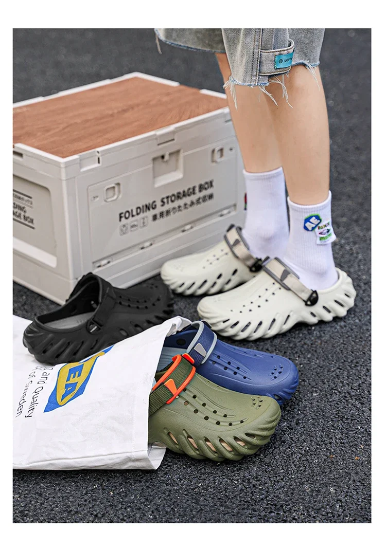 Brand Men's Slip-on Shoes - Soft and Comfortable Holey Shoes Outdoor Waterproof Heightening Cool Shoes EVA Driving Shoe