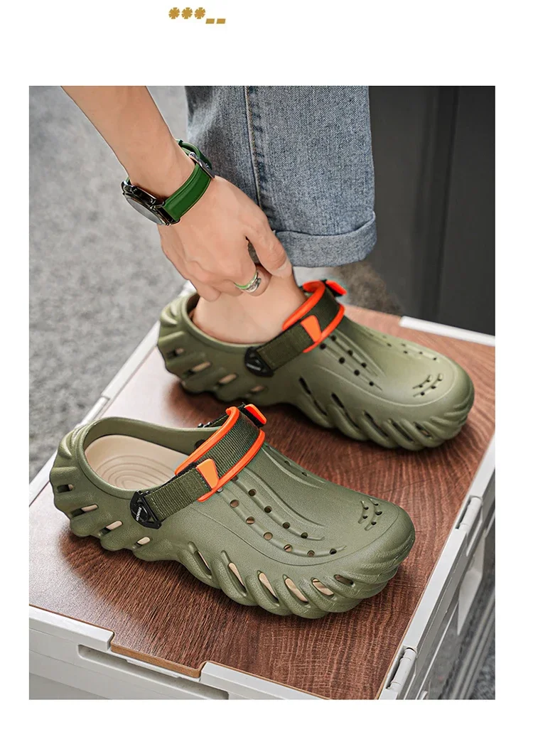 Brand Men's Slip-on Shoes - Soft and Comfortable Holey Shoes Outdoor Waterproof Heightening Cool Shoes EVA Driving Shoe