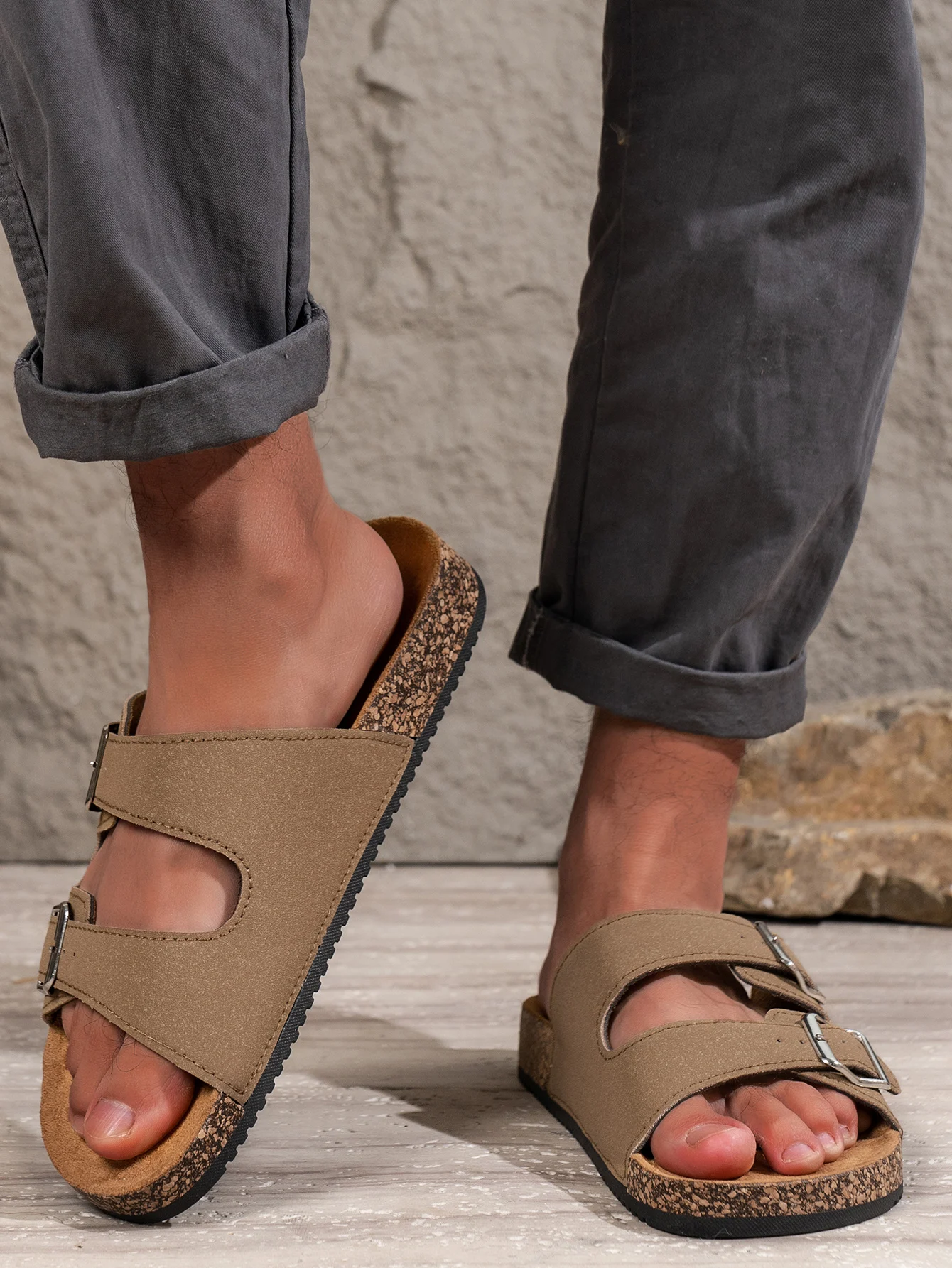 Men's Summer Simple Pu Upper Double-Bar Solid Color Flat Slip-On Sandals with Adjustable Buckle Beach Slippers