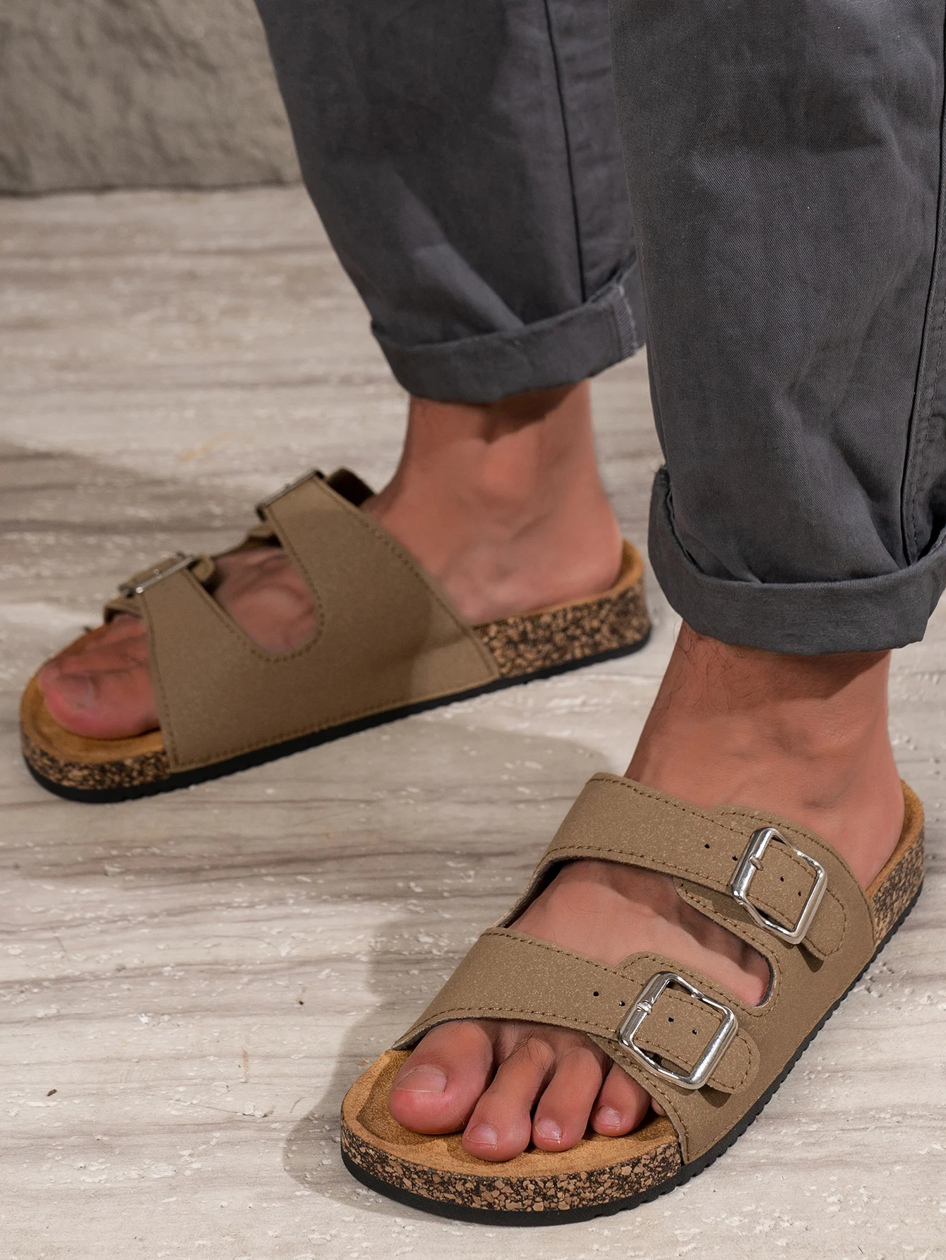 Men's Summer Simple Pu Upper Double-Bar Solid Color Flat Slip-On Sandals with Adjustable Buckle Beach Slippers
