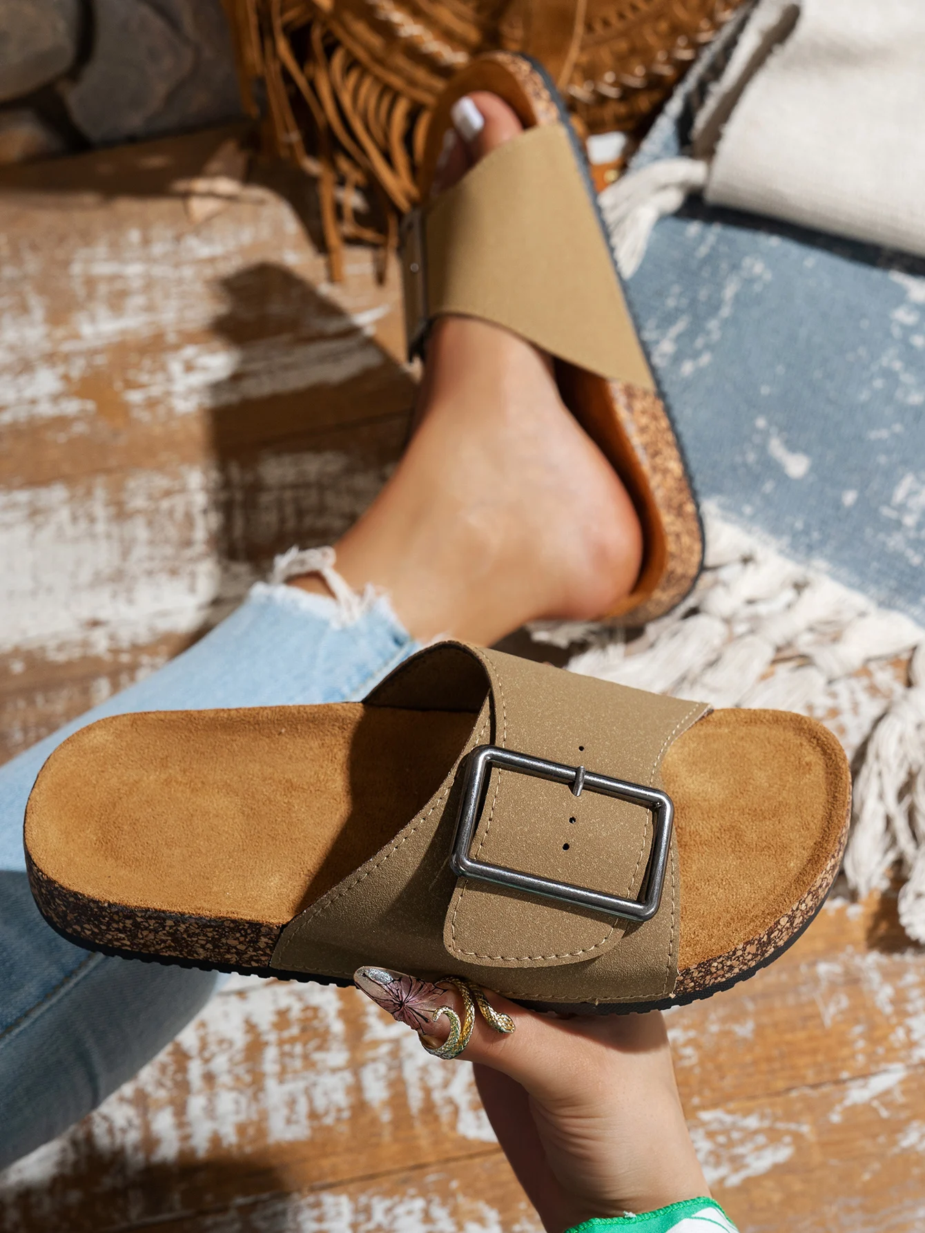 Women's Summer Casual Simple Buckle Adjustable Pu Upper Double-Strap Beach Flat Slip-On Outdoor Home Comfortable Slippers Large Size
