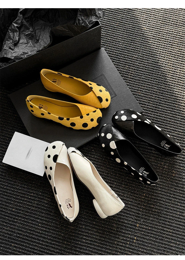 Genuine Leather Sweet Style Yellow Polka Dot Shallow Single Shoes for Women, Niche Versatile Shoes, Slip-on Small Leather Shoes