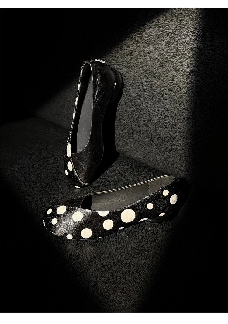 Genuine Leather Sweet Style Yellow Polka Dot Shallow Single Shoes for Women, Niche Versatile Shoes, Slip-on Small Leather Shoes