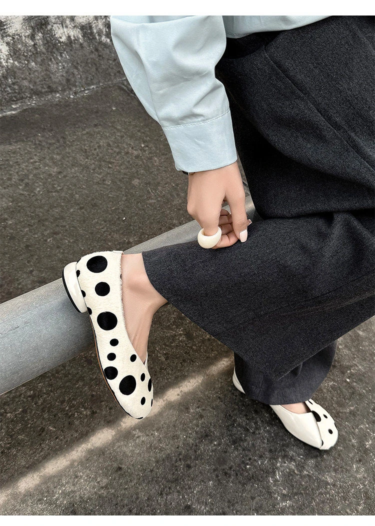 Genuine Leather Sweet Style Yellow Polka Dot Shallow Single Shoes for Women, Niche Versatile Shoes, Slip-on Small Leather Shoes