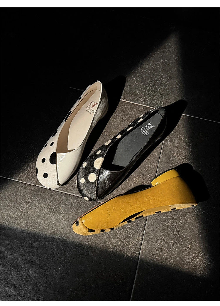 Genuine Leather Sweet Style Yellow Polka Dot Shallow Single Shoes for Women, Niche Versatile Shoes, Slip-on Small Leather Shoes