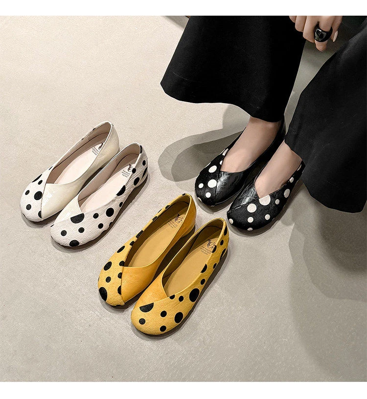 Genuine Leather Sweet Style Yellow Polka Dot Shallow Single Shoes for Women, Niche Versatile Shoes, Slip-on Small Leather Shoes