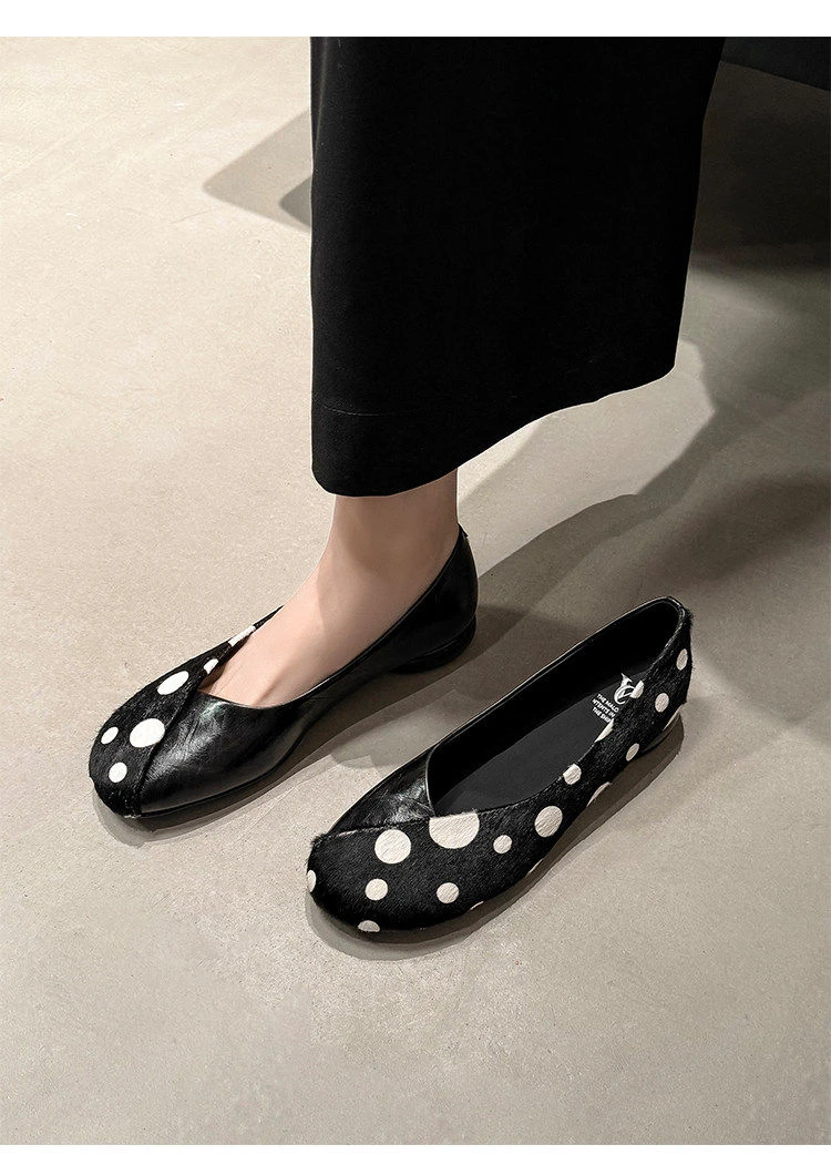 Genuine Leather Sweet Style Yellow Polka Dot Shallow Single Shoes for Women, Niche Versatile Shoes, Slip-on Small Leather Shoes