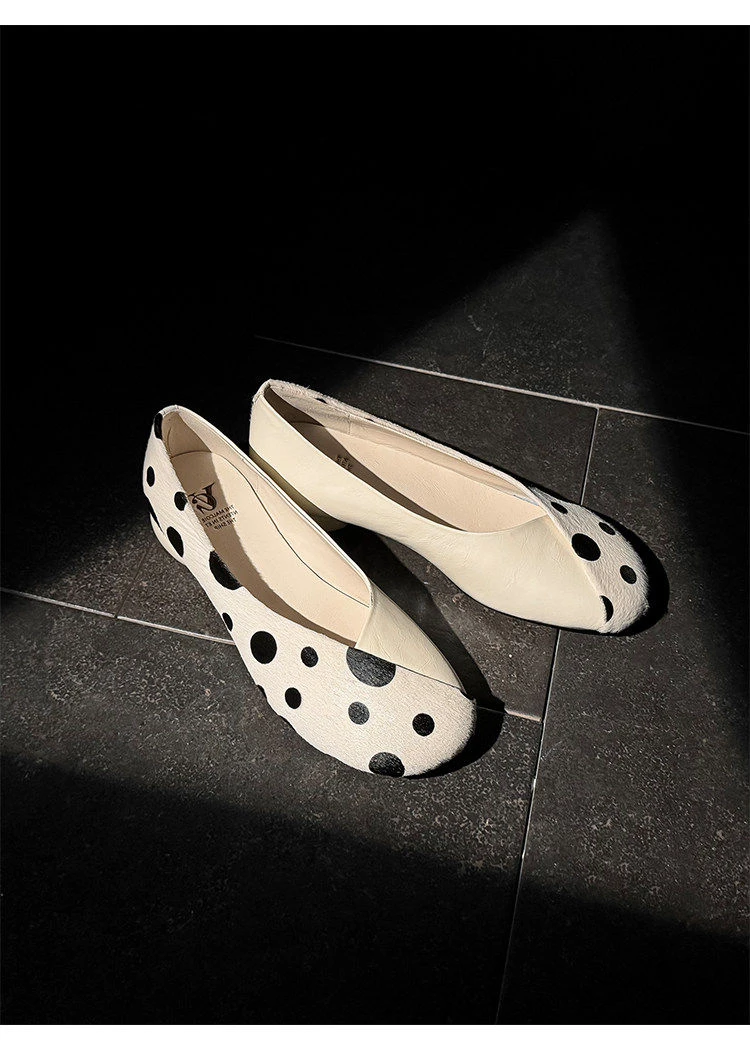 Genuine Leather Sweet Style Yellow Polka Dot Shallow Single Shoes for Women, Niche Versatile Shoes, Slip-on Small Leather Shoes