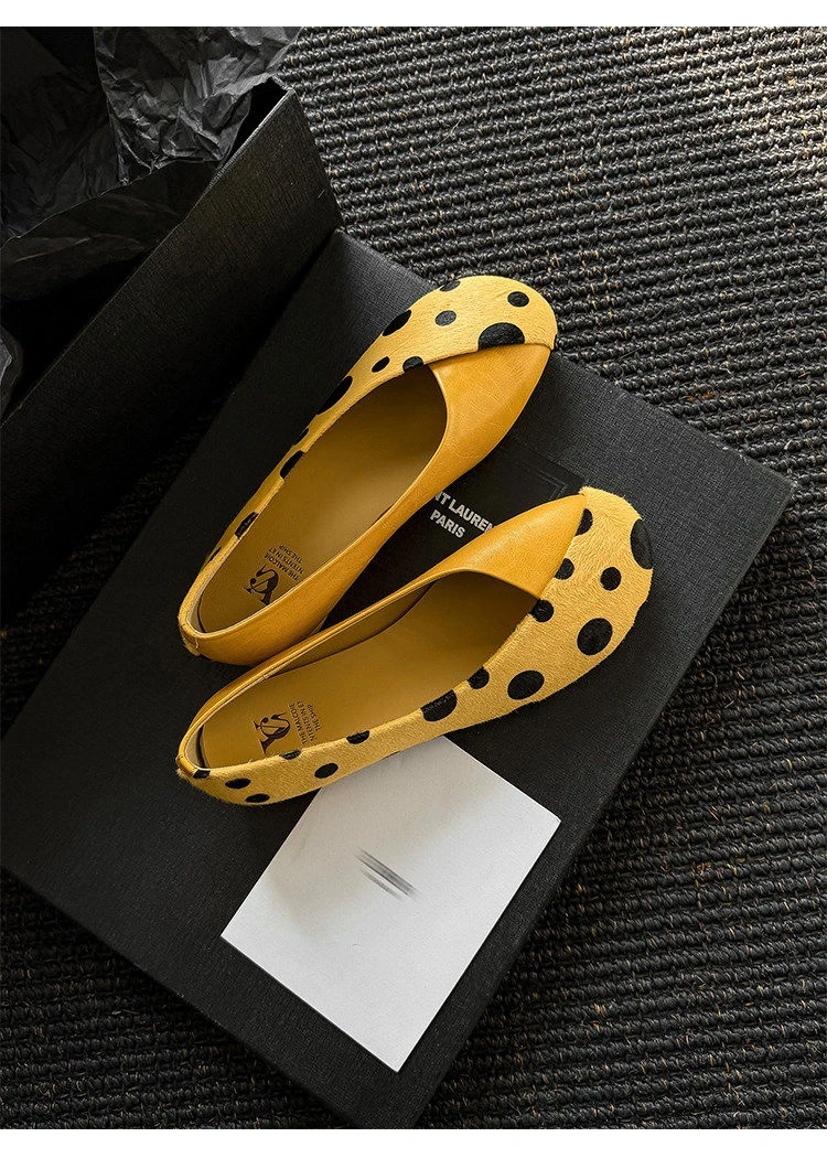 Genuine Leather Sweet Style Yellow Polka Dot Shallow Single Shoes for Women, Niche Versatile Shoes, Slip-on Small Leather Shoes