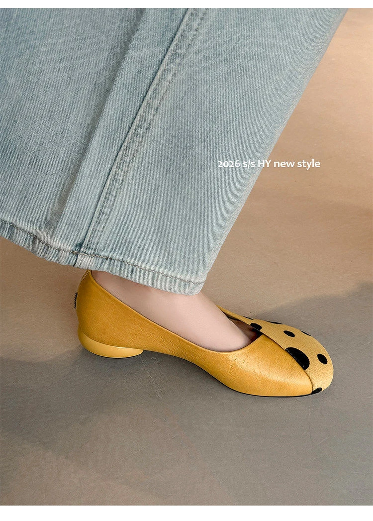 Genuine Leather Sweet Style Yellow Polka Dot Shallow Single Shoes for Women, Niche Versatile Shoes, Slip-on Small Leather Shoes