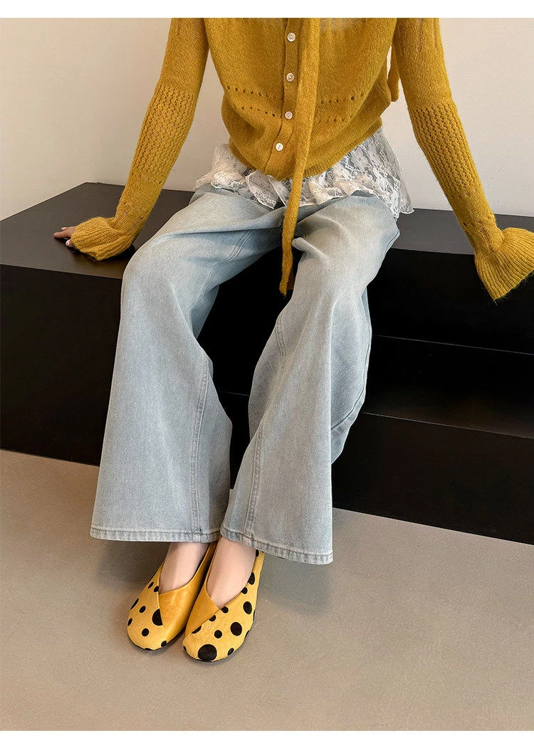 Genuine Leather Sweet Style Yellow Polka Dot Shallow Single Shoes for Women, Niche Versatile Shoes, Slip-on Small Leather Shoes