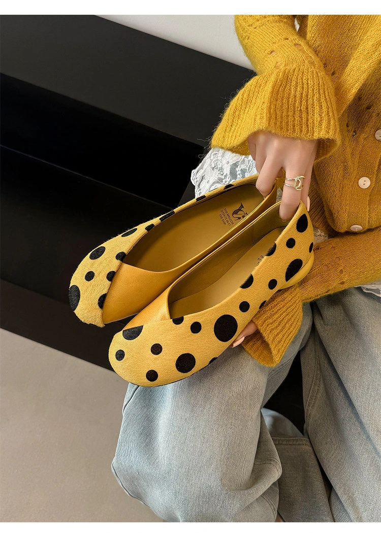 Genuine Leather Sweet Style Yellow Polka Dot Shallow Single Shoes for Women, Niche Versatile Shoes, Slip-on Small Leather Shoes