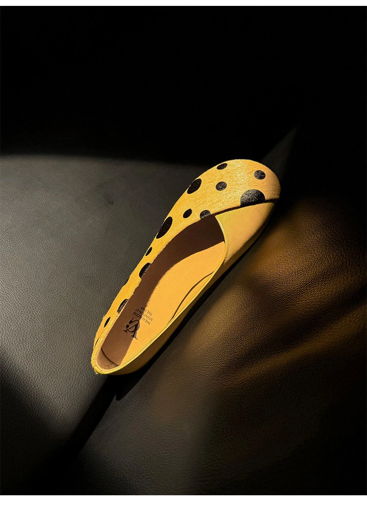 Genuine Leather Sweet Style Yellow Polka Dot Shallow Single Shoes for Women, Niche Versatile Shoes, Slip-on Small Leather Shoes