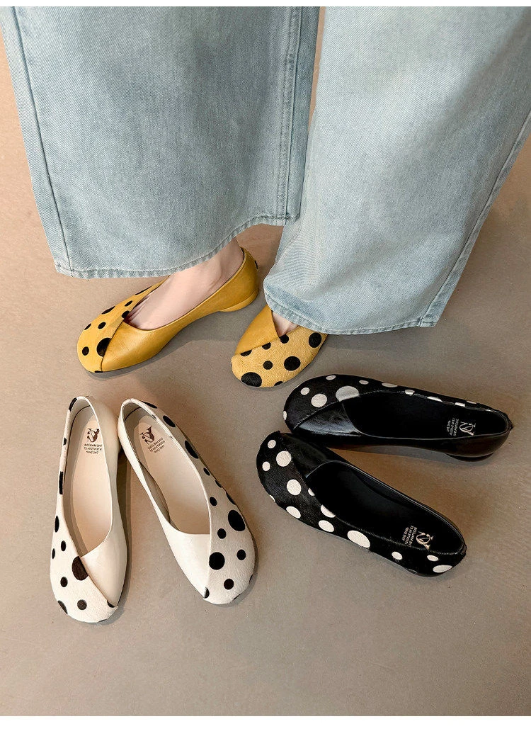 Genuine Leather Sweet Style Yellow Polka Dot Shallow Single Shoes for Women, Niche Versatile Shoes, Slip-on Small Leather Shoes
