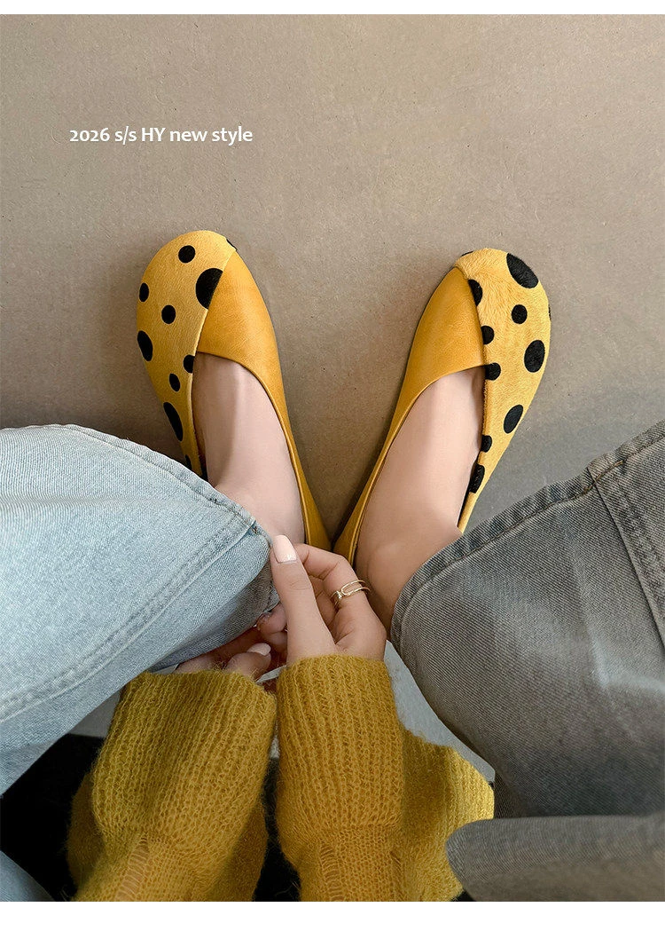Genuine Leather Sweet Style Yellow Polka Dot Shallow Single Shoes for Women, Niche Versatile Shoes, Slip-on Small Leather Shoes
