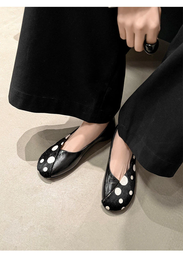 Genuine Leather Sweet Style Yellow Polka Dot Shallow Single Shoes for Women, Niche Versatile Shoes, Slip-on Small Leather Shoes