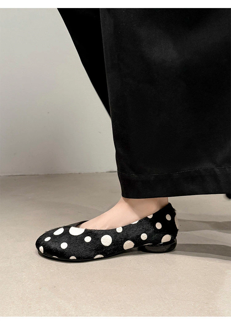 Genuine Leather Sweet Style Yellow Polka Dot Shallow Single Shoes for Women, Niche Versatile Shoes, Slip-on Small Leather Shoes