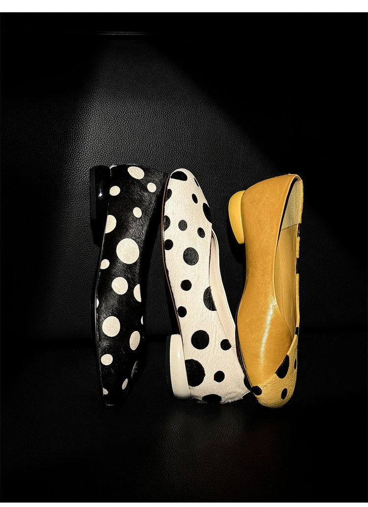 Genuine Leather Sweet Style Yellow Polka Dot Shallow Single Shoes for Women, Niche Versatile Shoes, Slip-on Small Leather Shoes