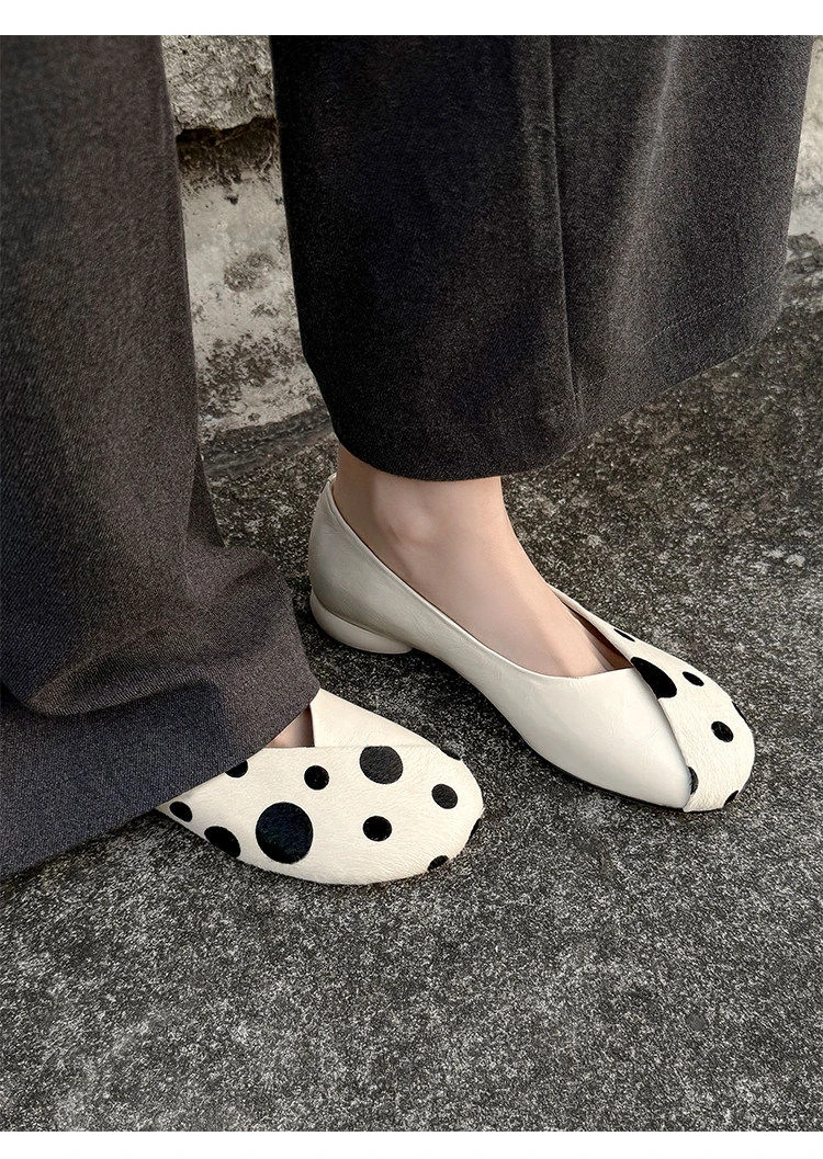 Genuine Leather Sweet Style Yellow Polka Dot Shallow Single Shoes for Women, Niche Versatile Shoes, Slip-on Small Leather Shoes