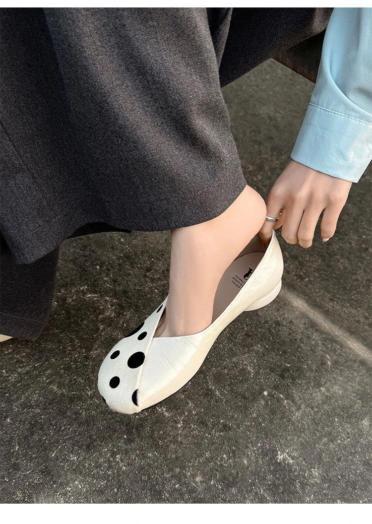 Genuine Leather Sweet Style Yellow Polka Dot Shallow Single Shoes for Women, Niche Versatile Shoes, Slip-on Small Leather Shoes
