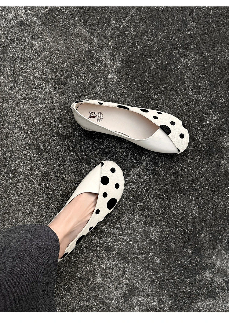 Genuine Leather Sweet Style Yellow Polka Dot Shallow Single Shoes for Women, Niche Versatile Shoes, Slip-on Small Leather Shoes