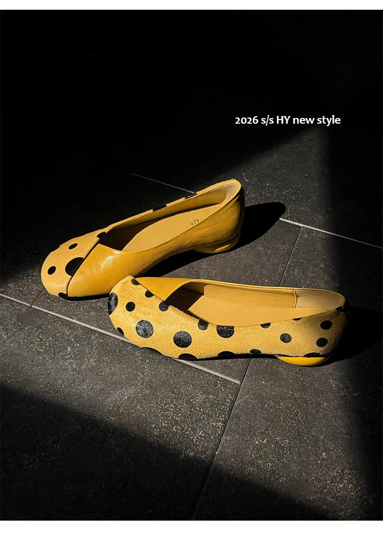 Genuine Leather Sweet Style Yellow Polka Dot Shallow Single Shoes for Women, Niche Versatile Shoes, Slip-on Small Leather Shoes