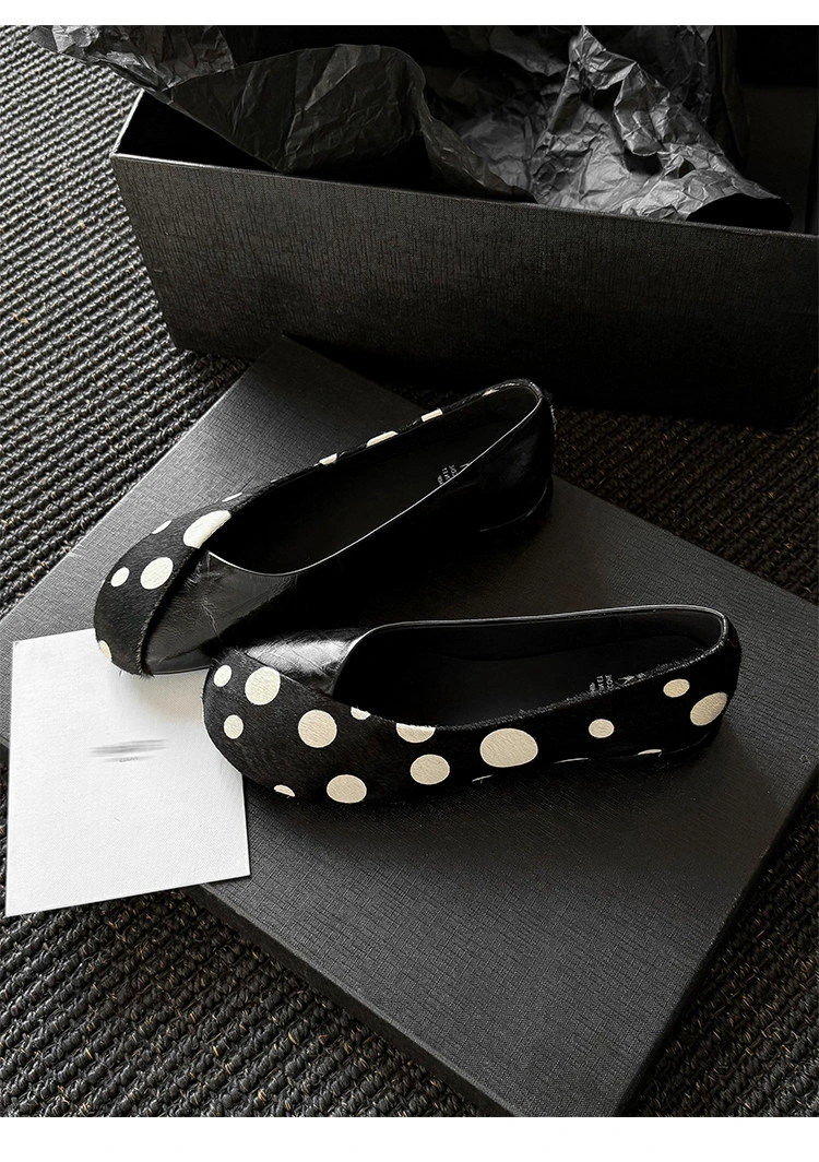 Genuine Leather Sweet Style Yellow Polka Dot Shallow Single Shoes for Women, Niche Versatile Shoes, Slip-on Small Leather Shoes