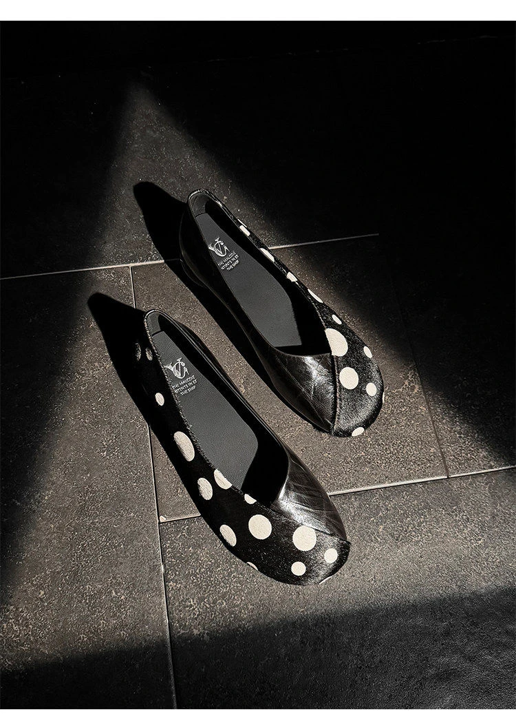 Genuine Leather Sweet Style Yellow Polka Dot Shallow Single Shoes for Women, Niche Versatile Shoes, Slip-on Small Leather Shoes