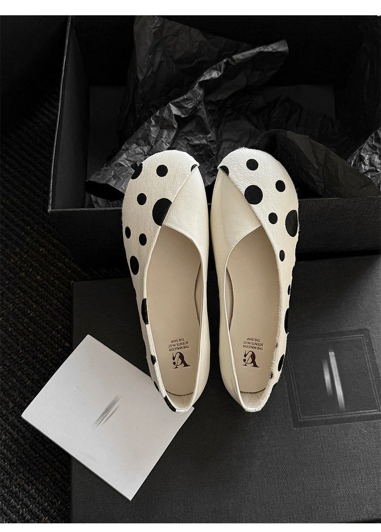 Genuine Leather Sweet Style Yellow Polka Dot Shallow Single Shoes for Women, Niche Versatile Shoes, Slip-on Small Leather Shoes