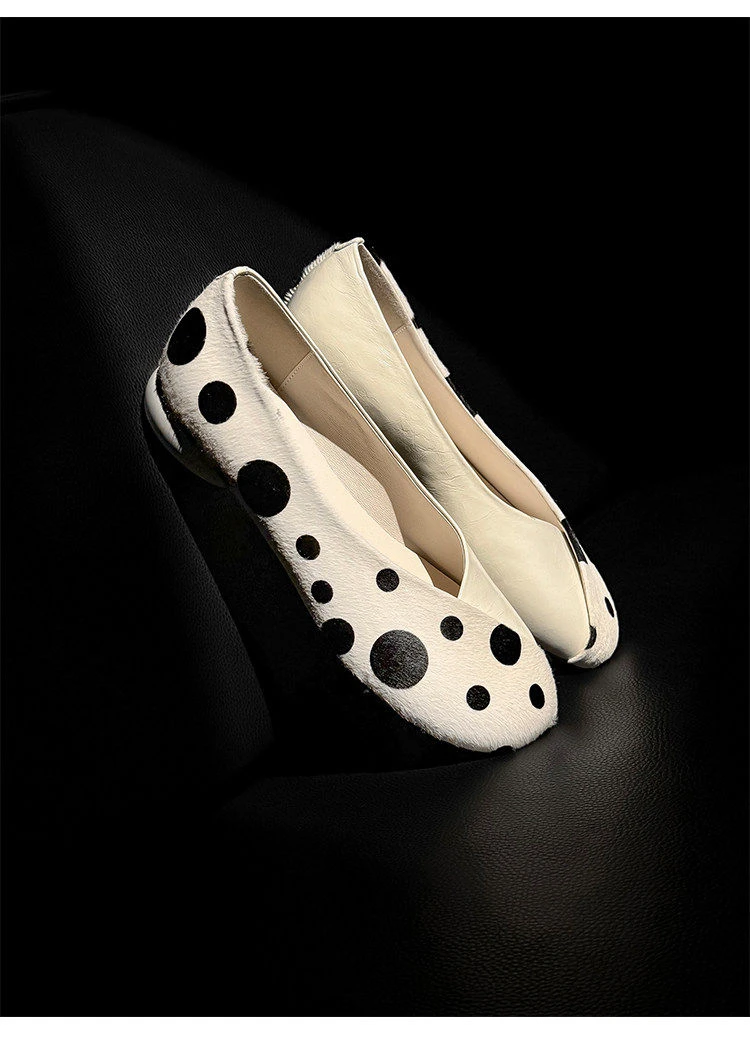 Genuine Leather Sweet Style Yellow Polka Dot Shallow Single Shoes for Women, Niche Versatile Shoes, Slip-on Small Leather Shoes