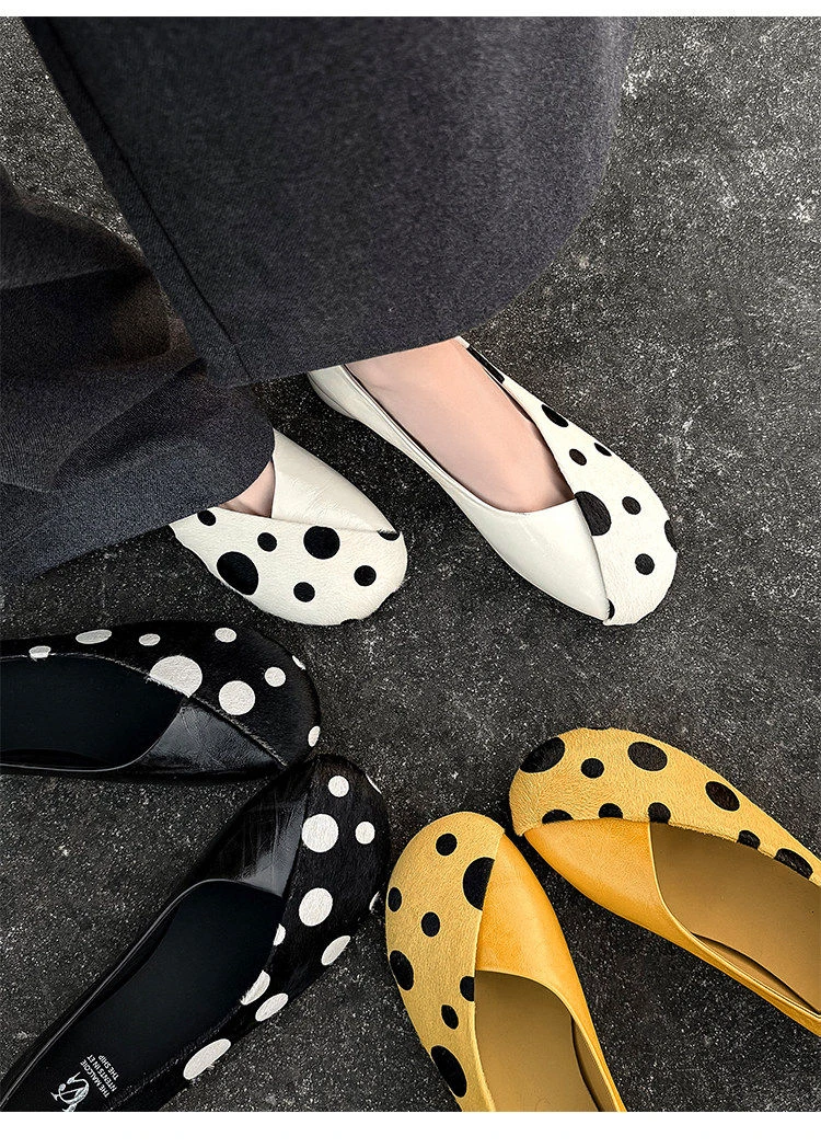 Genuine Leather Sweet Style Yellow Polka Dot Shallow Single Shoes for Women, Niche Versatile Shoes, Slip-on Small Leather Shoes