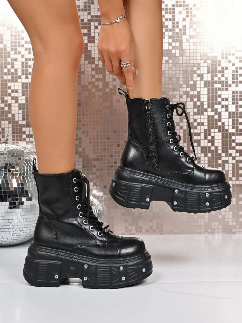 Goth New Punk Women Platform Ankle Boots Female's Rock Round Toe Lace Up Fashion Retro Chunky Shoes Metal Decor Short Booties