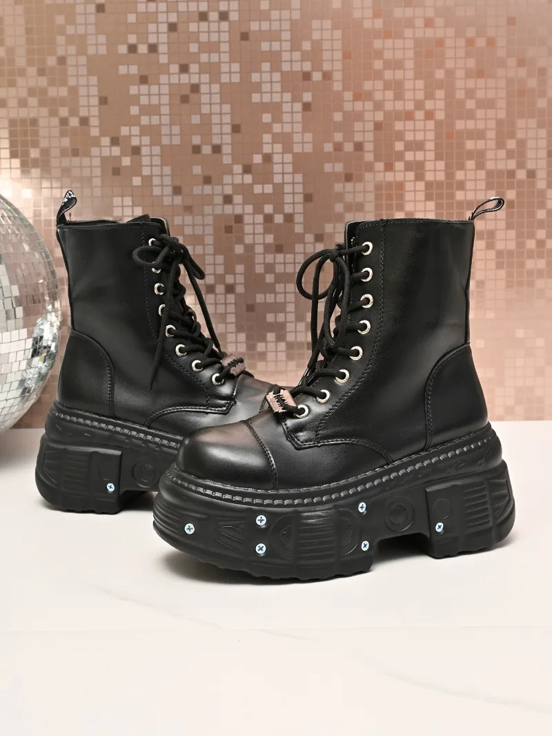 Goth New Punk Women Platform Ankle Boots Female's Rock Round Toe Lace Up Fashion Retro Chunky Shoes Metal Decor Short Booties